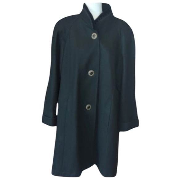Vintage Jofeld black wool blend warm chic minimalist Dressy long  Pea coatSz L - Picture 1 of 8